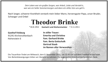 Traueranzeige von Theodor Brinke von Pegnitz-Zeitung
